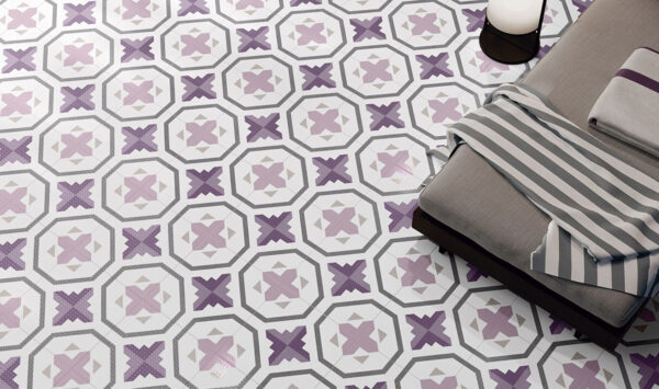 porcelain tiles decorated with a hydraulic design Codicer-Prisma_Lavender_25x25_Det